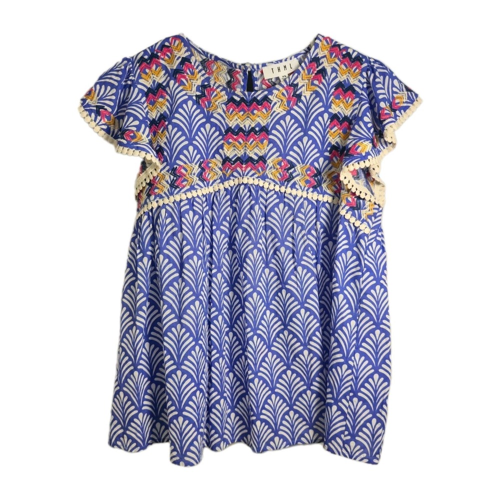 THML Blue White Embroidered‎ Flutter Sleeve Top XS